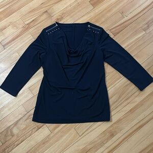 Drop neck casual long sleeve dark blue shirt